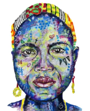 Fine art print of Nobomi by Julie Tugwell, a patterned portrait with a chequered headband on white.