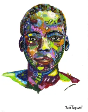 Fine art print of Tumelo by Julie Tugwell, a softly drawn portrait with a patterned collar on white.