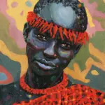 Fine art print of Amandla by Julie Tugwell, a portrait in a beaded cap and red garment.