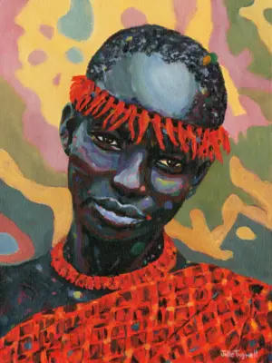 Fine art print of Amandla by Julie Tugwell, a portrait in a beaded cap and red garment.