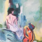 Original acrylic figure painting by Julie Tugwell: two seated female nudes, one naturalistic in white cloth, one in vivid colour.