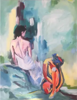 Original acrylic figure painting by Julie Tugwell: two seated female nudes, one naturalistic in white cloth, one in vivid colour.