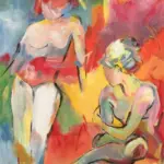 Original acrylic figure painting by Julie Tugwell: two expressive female nudes in vivid red, yellow and green Fauvist colour.