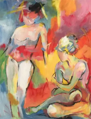 Original acrylic figure painting by Julie Tugwell: two expressive female nudes in vivid red, yellow and green Fauvist colour.