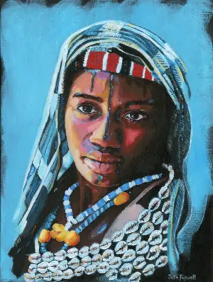 Fine art print of Ntombi by Julie Tugwell, a portrait in a striped headcloth with cowrie shell necklaces.