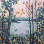 Original acrylic painting by Julie Tugwell: a calm blue lake seen through slender trees with a colourful wildflower foreground.
