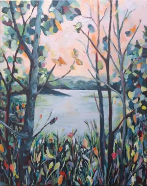 Original acrylic painting by Julie Tugwell: a calm blue lake seen through slender trees with a colourful wildflower foreground.