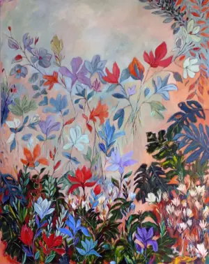 Original acrylic floral by Julie Tugwell: abundant red, blue and purple blooms rising from lush foliage on a warm coral ground.